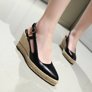 Women espadrille woven wedge heel buckle strap pointed closed toe sandals