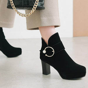 Women round toe buckle strap platform chunky high heeled booties