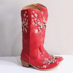 Women embroidered chunky heel slip on mid calf boots