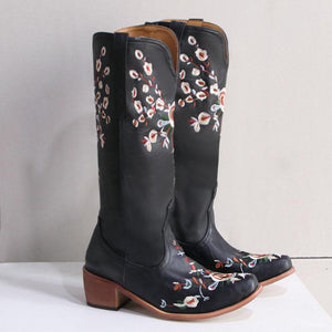 Women embroidered chunky heel slip on mid calf boots