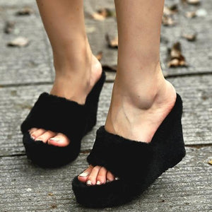 Women's peep toe plush platform wedge slippers | Winter fashion indoor shoes