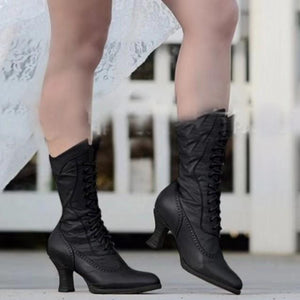 Women chunky heel pointed toe England style lace up mid calf boots