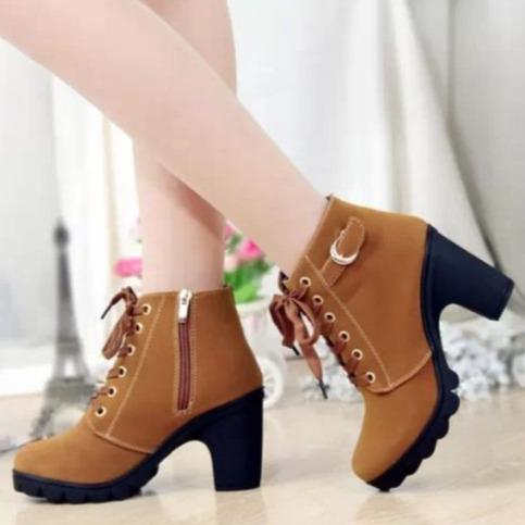 Women fashion buckle strap lace up chunky heeled booties