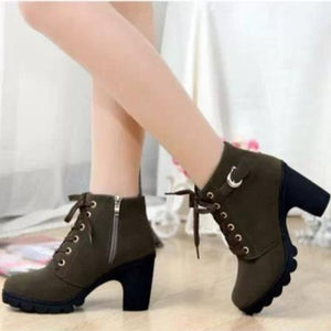 Women fashion buckle strap lace up chunky heeled booties