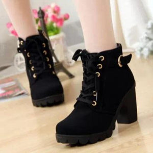 Women fashion buckle strap lace up chunky heeled booties