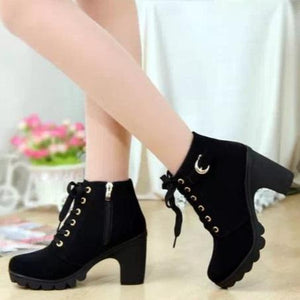 Women fashion buckle strap lace up chunky heeled booties