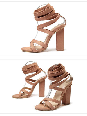 Women square chunky heel peep toe lace up strappy heels