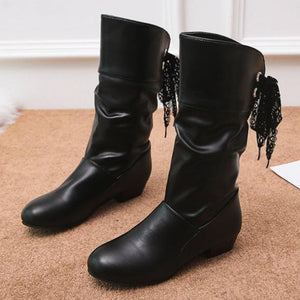 Women back lace up bowknot mid calf boots