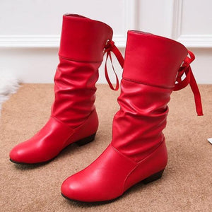 Women back lace up bowknot mid calf boots