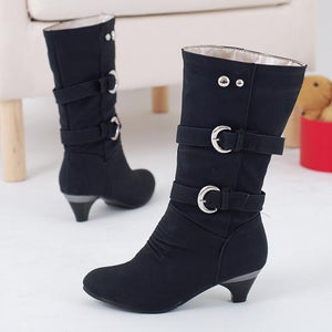 Women chunky heel buckle strap slip on mid calf boots