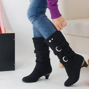 Women chunky heel buckle strap slip on mid calf boots