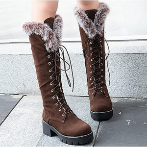 Women winter snow faux fur lace up chunky platform knee high boots