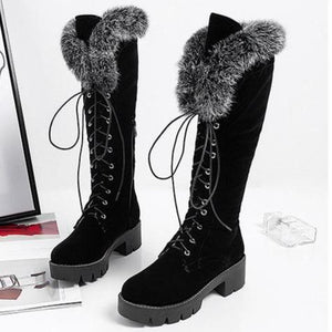 Women winter snow faux fur lace up chunky platform knee high boots