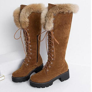 Women winter snow faux fur lace up chunky platform knee high boots