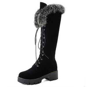 Women winter snow faux fur lace up chunky platform knee high boots