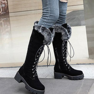 Women winter snow faux fur lace up chunky platform knee high boots