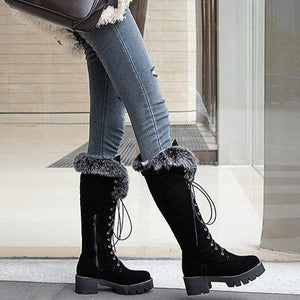 Women winter snow faux fur lace up chunky platform knee high boots