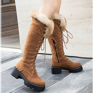 Women winter snow faux fur lace up chunky platform knee high boots