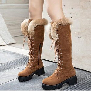 Women winter snow faux fur lace up chunky platform knee high boots