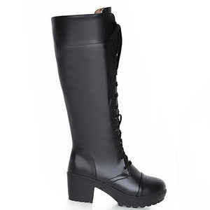 Women chunky heel platform lace up knee high motorcycle boots