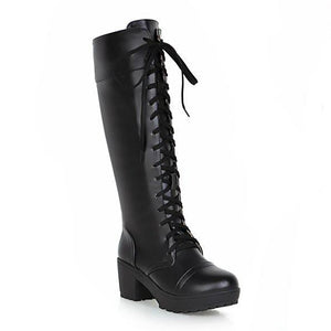 Women chunky heel platform lace up knee high motorcycle boots