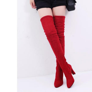 Women pointed toe chunky high heel back lace up over the knee boots