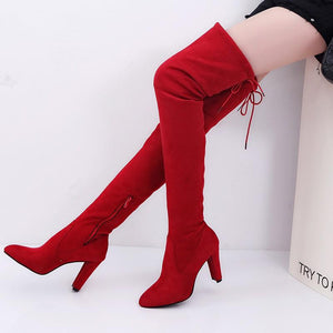 Women pointed toe chunky high heel back lace up over the knee boots