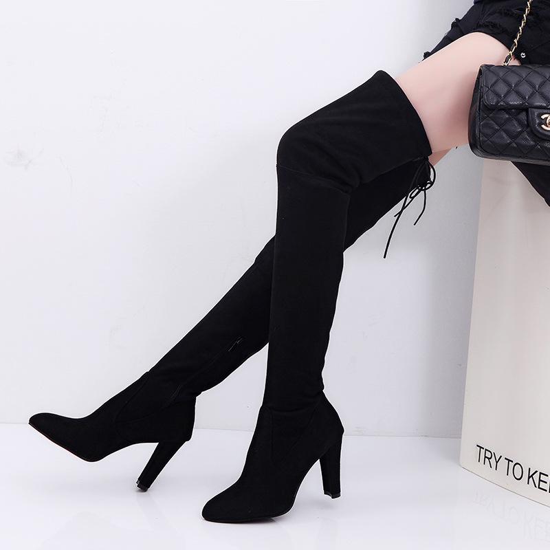 Women pointed toe chunky high heel back lace up over the knee boots