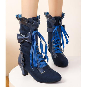 Women cute bowknot hollow flower lace up chunky heel mid calf boots