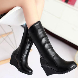 Women mid calf side zipper high heel wedge boots