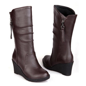 Women mid calf side zipper high heel wedge boots