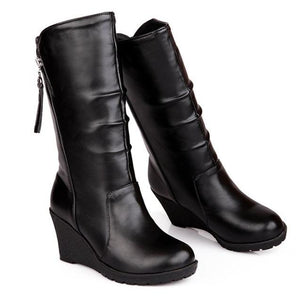 Women mid calf side zipper high heel wedge boots