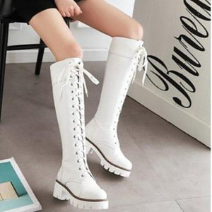 Women chunky heel platform lace up knee high boots