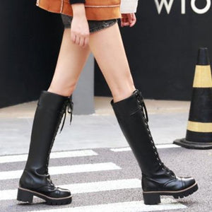 Women chunky heel platform lace up knee high boots