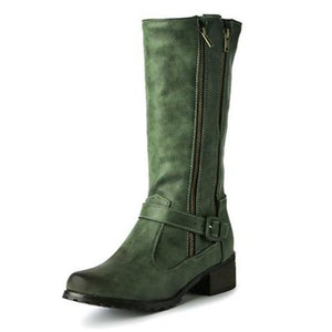 Women chunky heel buckle strap zippers mid calf boots