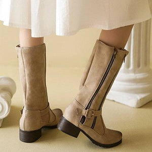 Women chunky heel buckle strap zippers mid calf boots