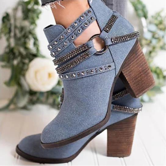 Women rhinestone strap side hollow chunky heel ankle boots