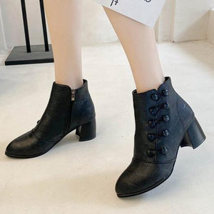 Women double breasted chunky heel side zipper ankle boots