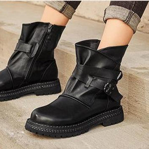 Women retro buckle strap short chunky platform boots