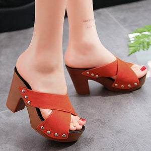 Women's peep toe criss arch support chunky high heel slip on sandals