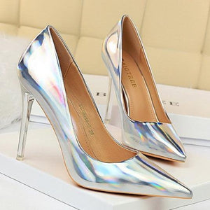 Women metal mirror pointed toe prom heels | high heel sexy shoes | metal mirror super high pumps