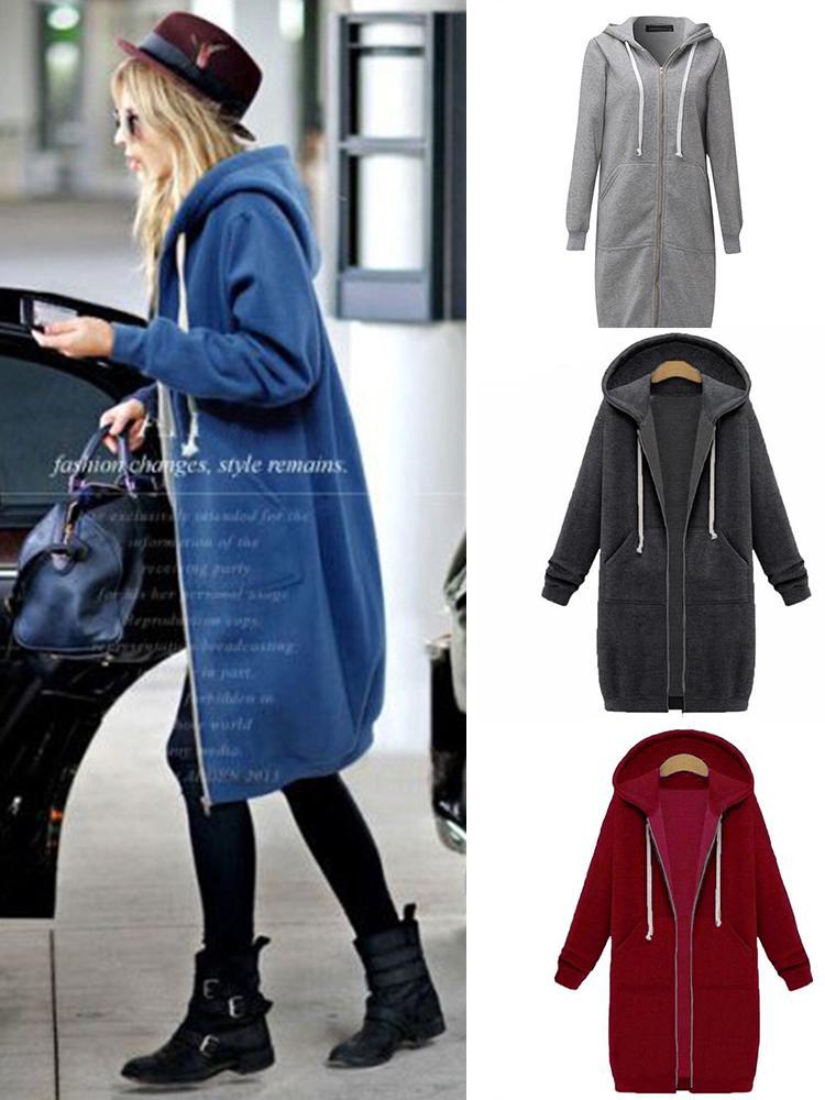 10 Colors Casual Women Long Hoodies Pockets Zip Up - GetComfyShoes