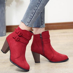Women chunky stacked high heel buckle strap ankle boots