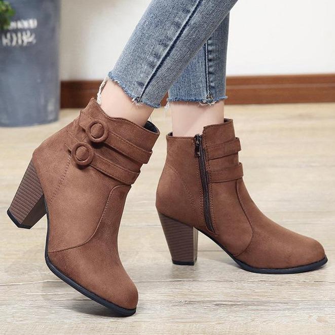 Women chunky stacked high heel buckle strap ankle boots