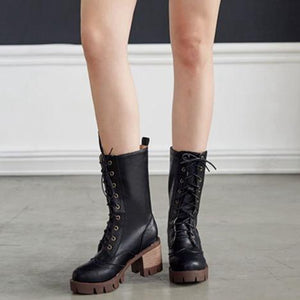 Women retro chunky heel platform lace up hollow mid calf boots