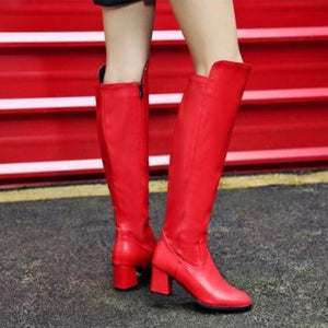 Women chunky heel comfort lining side zipper knee high boots