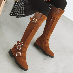 Women elegant buckle strap chunky platform knee high boots