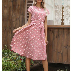 Women midi white polka dot short sleeve belt summer dresses