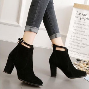 Women buckle strap back zipper ankle chunky high heel boots