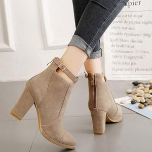 Women buckle strap back zipper ankle chunky high heel boots